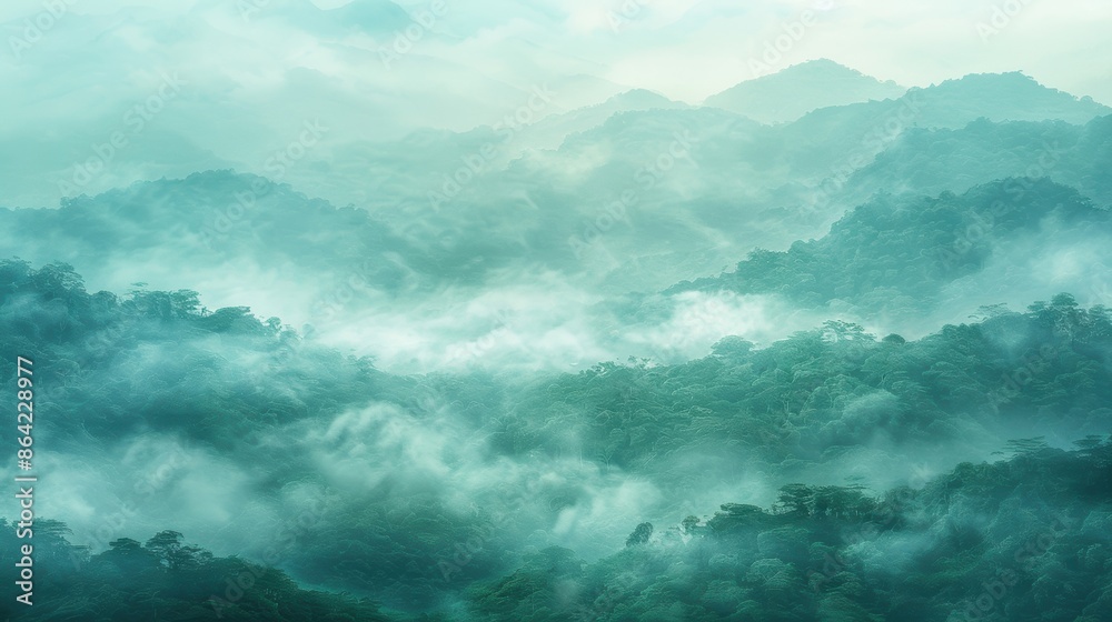 Fototapeta Misty forest hills with layered greenery, creating a serene and tranquil scene of fog enveloping the lush landscape.