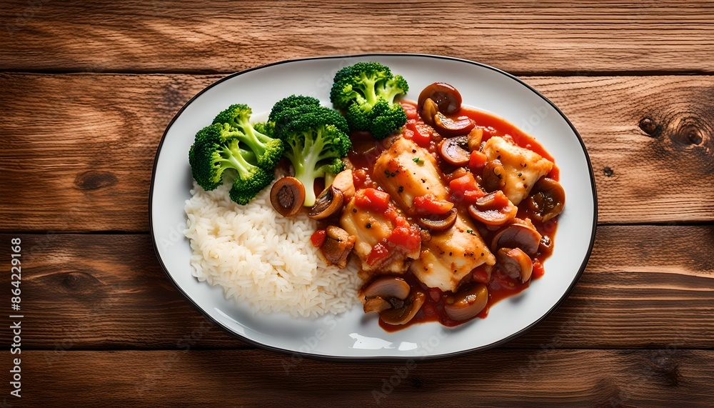 Pieces of chicken fillet with mushrooms stewed in tomato sauce with boiled broccoli and rice. Proper nutrition. Healthy lifestyle. Dietetic menu. Top view
Pieces of chicken fillet with mushrooms stewed in tomato sauce with boiled broccoli and rice. Proper nutrition. Healthy lifestyle. Dietetic menu. Top view