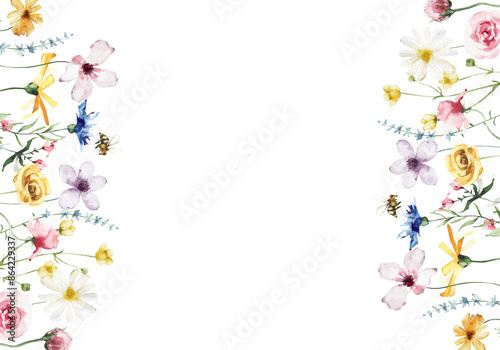 Watercolor painted floral frame. Yellow, blue, white and pink wild flowers. Template summer meadow illustration.