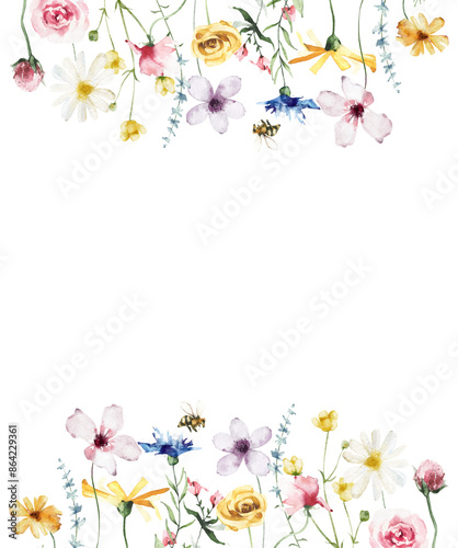 Watercolor painted floral frame. Yellow, blue, white and pink wild flowers. Template summer meadow illustration.