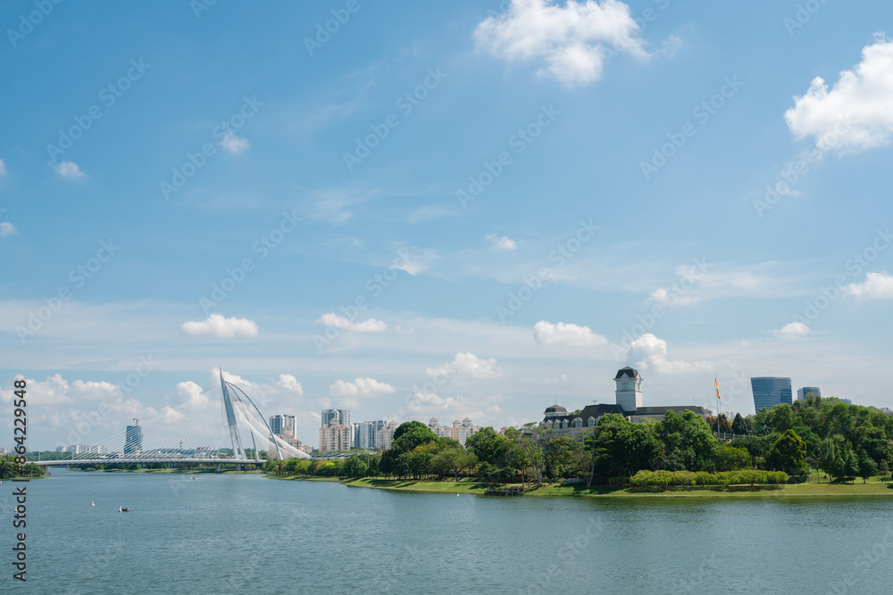 View of Seri Wawasan Bridge and lake city in Putrajaya, Malaysia