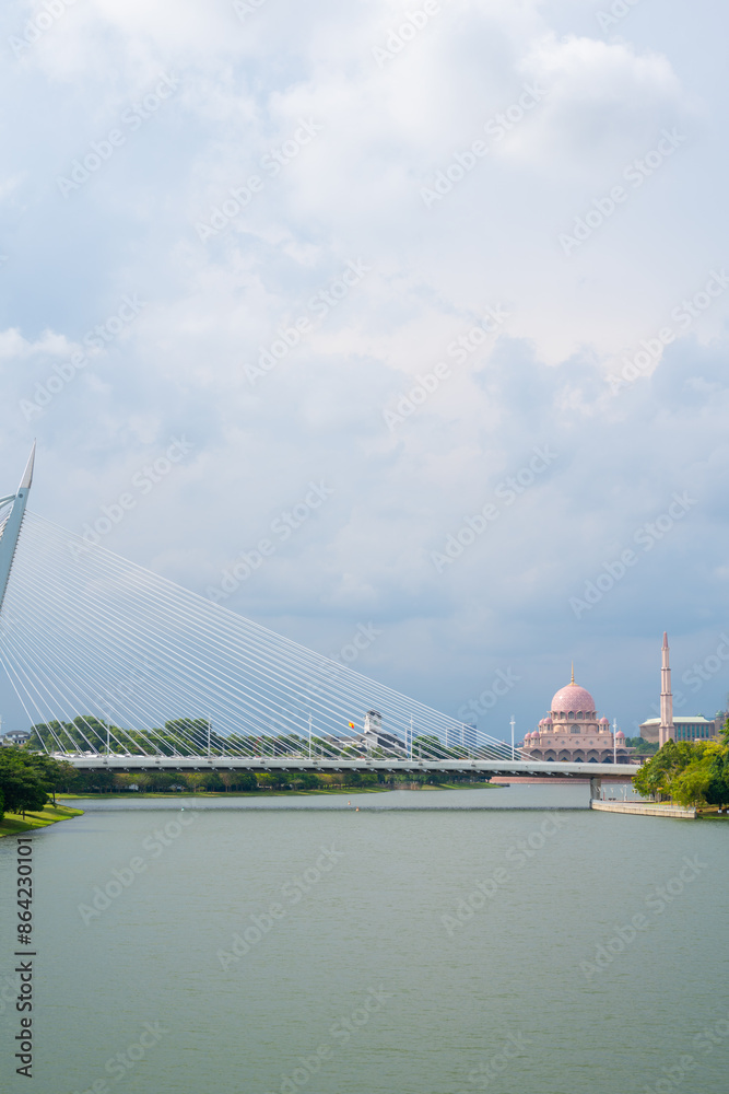 View of Masjid Putra Mosque and Seri Wawasan Bridge in Putrajaya, Malaysia