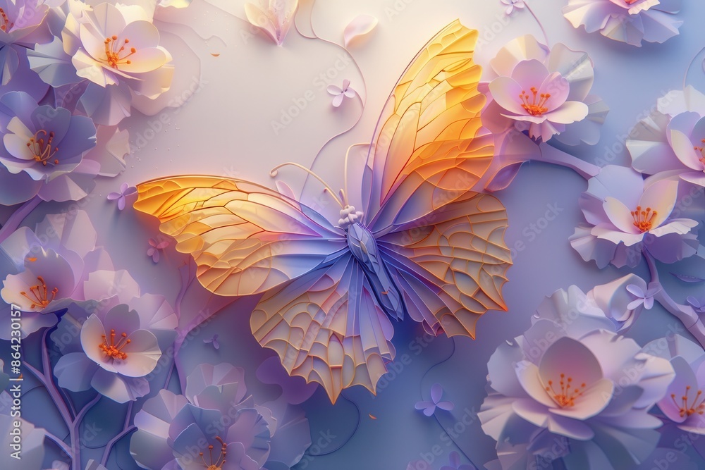 A mountain range with a butterfly flying over a field of flowers A mountain range with a butterfly flying over a field of flowers