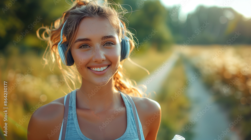 A young woman in sportswear running with headphones outdoors at sunset. A young woman in sportswear running with headphones outdoors at sunset.