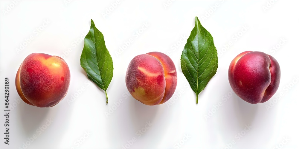 Three green leaf peaches isolated on white background. Concept Nature Photography, Fruit Still Life, White Background, Green Leaves, Isolated Objects Three green leaf peaches isolated on white background. Concept Nature Photography, Fruit Still Life, White Background, Green Leaves, Isolated Objects