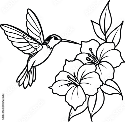 Continuous one line drawing of flying hummingbird with tropical flowers. Hummingbird is sucking the nectar out single outline vector design. 