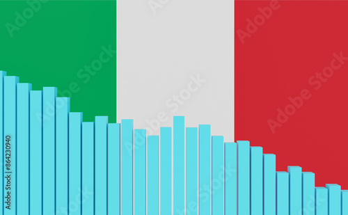 Italy, sinking bar chart with Italian flag. Sinking economy, recession. Negative development of GDP, jobs, productivity, real estate prices, retail sales or falling industrial production. © Westlight