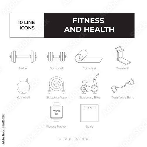 Fitness and Health line icon set vector simple, black and white vector icon bundle isometric