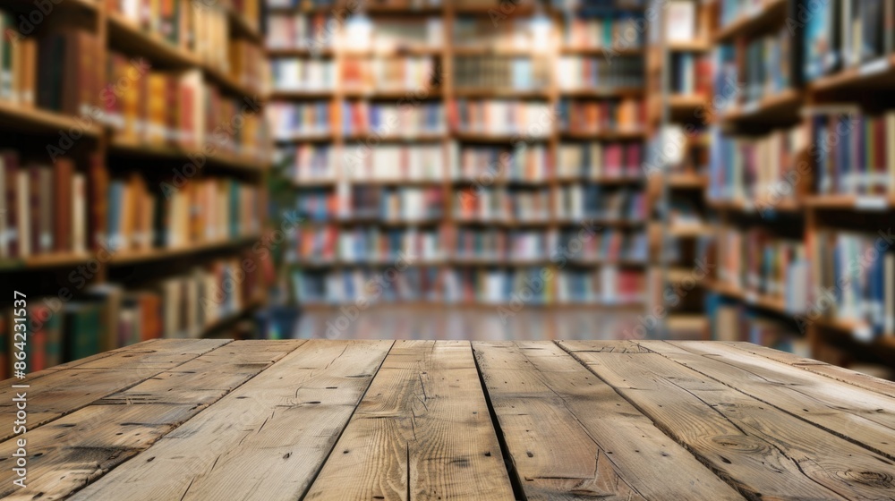 Book Display. Empty Wooden Table with Bookshelves in Background of Bookstore Book Display. Empty Wooden Table with Bookshelves in Background of Bookstore