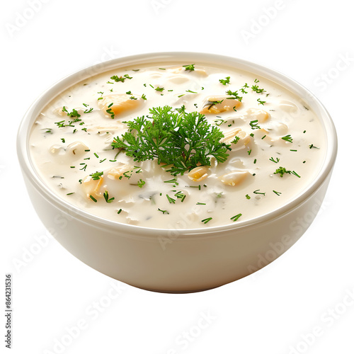 Creamy clam chowder soup in bowl on transparent background photo