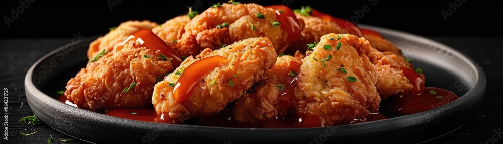 Crispy fried chicken wings with spicy sauce garnished with herbs served in a black bowl on a dark background. Crispy fried chicken wings with spicy sauce garnished with herbs served in a black bowl on a dark background.