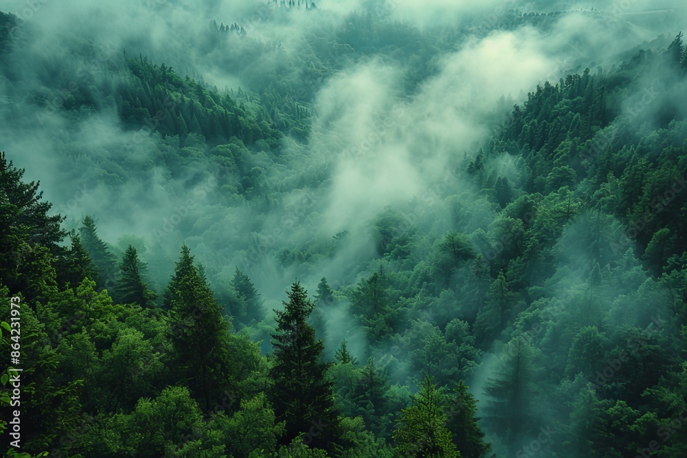 Mystical Mist-Enveloped Forest with Towering Trees and Verdant Foliage, Crafting an Ethereal Ambiance Mystical Mist-Enveloped Forest with Towering Trees and Verdant Foliage, Crafting an Ethereal Ambiance