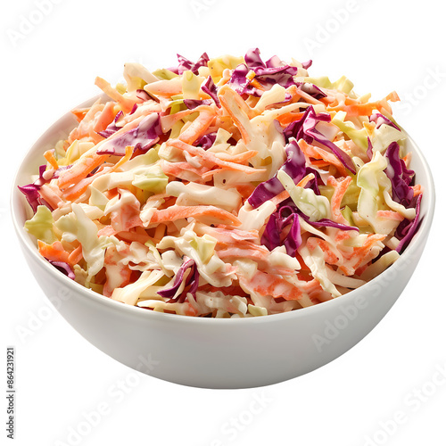 Fresh coleslaw salad in white bowl on transparent background