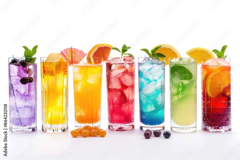 Set of summer cocktails drinks featuring an assortment of multicolored strong and low alcoholic beverages for a cocktail party. The image is set against a white background Set of summer cocktails drinks featuring an assortment of multicolored strong and low alcoholic beverages for a cocktail party. The image is set against a white background