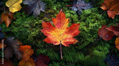 Detailed shot of a rustcolored maple leaf in early autumn, highlighting veins and subtle variations in shade against a forest floor carpeted with moss and fallen leaves