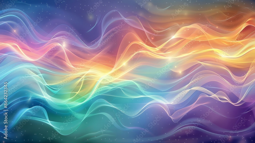 Flowing wavy patterns in rainbow colors with a tranquil gradient background Flowing wavy patterns in rainbow colors with a tranquil gradient background