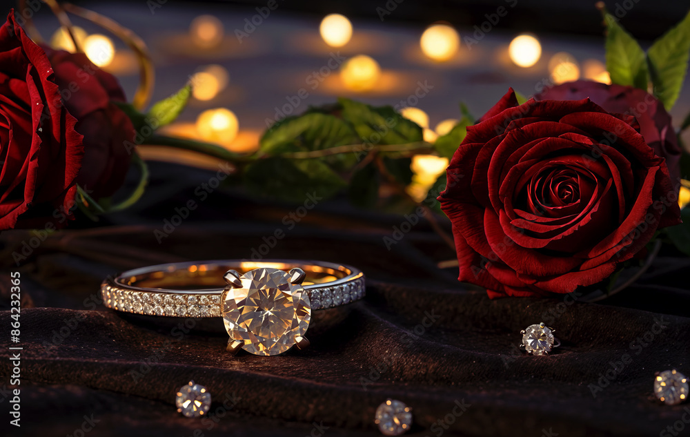 Engagement ring and rose on black background created with Generative AI technology Engagement ring and rose on black background created with Generative AI technology