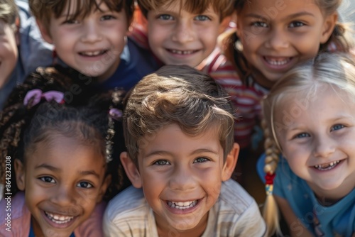 A group of diverse and happy children,ranging in ages,are all smiling brightly and posing together for the in an outdoor,casual setting. The image conveys a sense of joy,friendship.