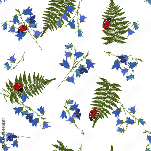 Seamless vector illustration with ladybugs, ferns and campanula on a white background. For decorating textiles, packaging, web design.