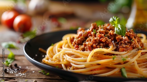 Traditional spaghetti bolognese on a black dish
