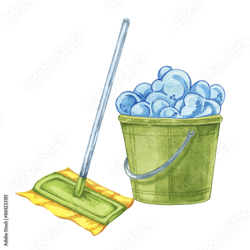 Green mop, yellow rag and washing bucket with blue foam. Household cleaning utensil watercolor illustration. Clipart for housekeeping, janitorial services, sticker, flyer, spring cleaning and posters