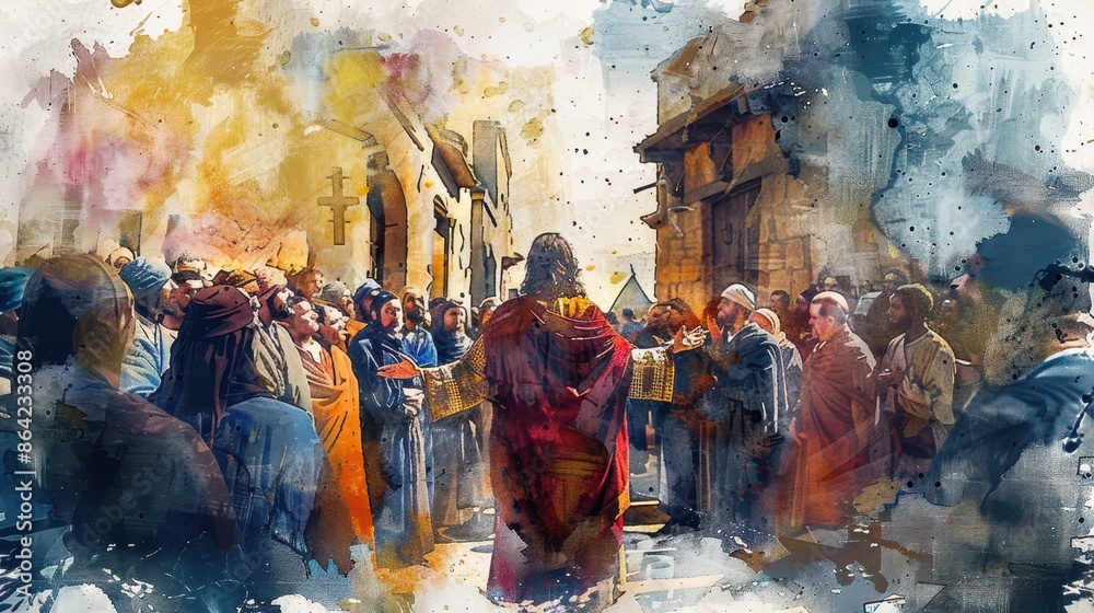 Jesus spread and preaching doctrine in the city in watercolor. Jesus spread and preaching doctrine in the city in watercolor.