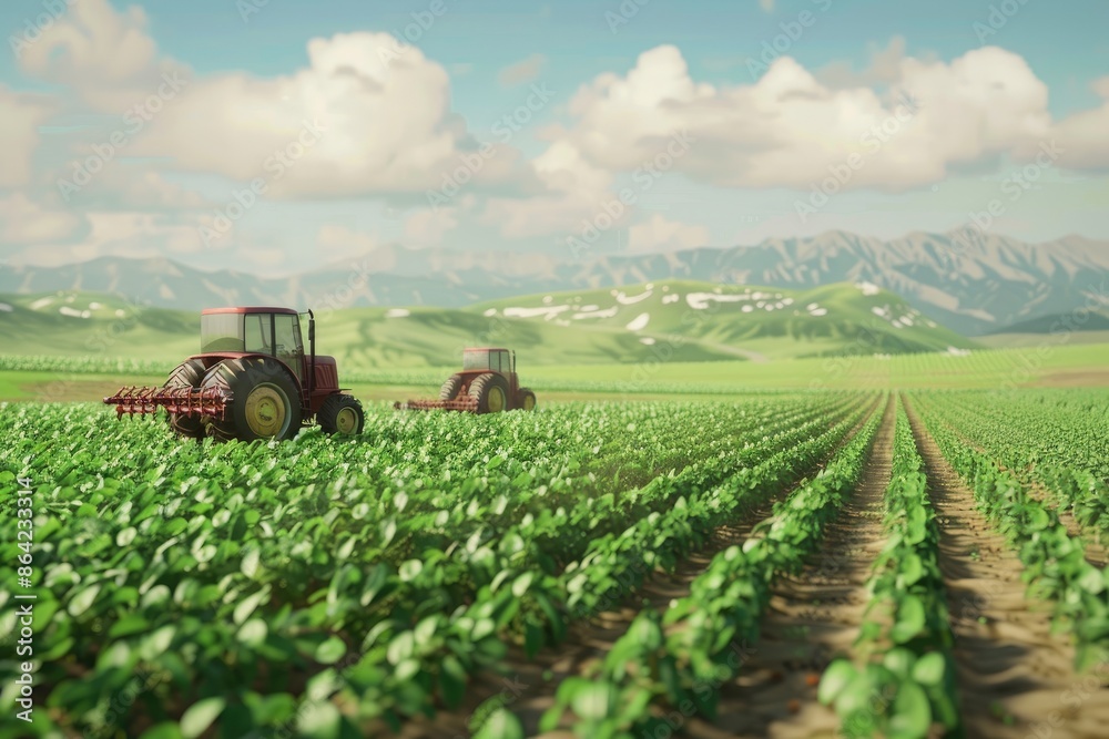 sprawling agricultural farm with fields of crops, tractors, and machinery involved in food production for a growing population sprawling agricultural farm with fields of crops, tractors, and machinery involved in food production for a growing population