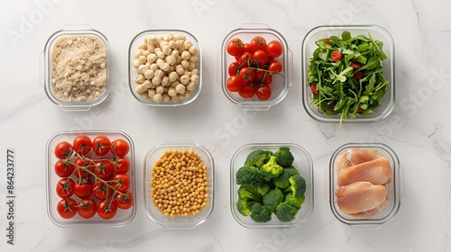 Top view of healthy meal prep in glass containers with cherry tomatoes, chickpeas, greens, broccoli, corn, chicken, and cereals on white table.
