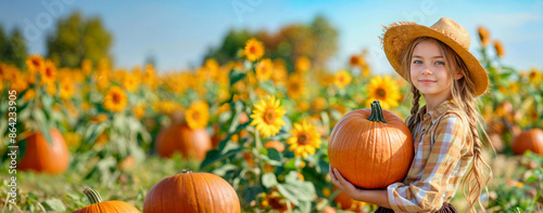 Pumpkin autumn field. Teen girl in fall patch. Family harvest festival child banner. Thanksgiving girl, happy kid with halloween farm landscape. Outdoor Thanksgiving harvest holiday pumpkin banner photo