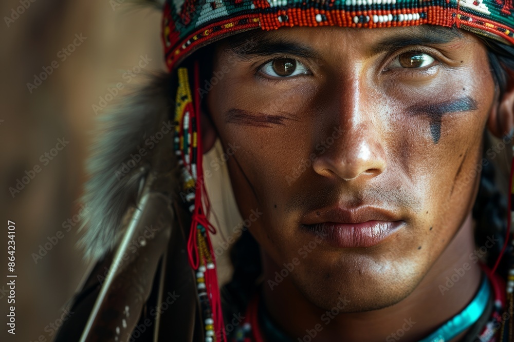 Captured in a studio photograph, a Native American man wears intricate cultural jewelry, symbolizing the resilience and vibrancy of his heritage. Captured in a studio photograph, a Native American man wears intricate cultural jewelry, symbolizing the resilience and vibrancy of his heritage.