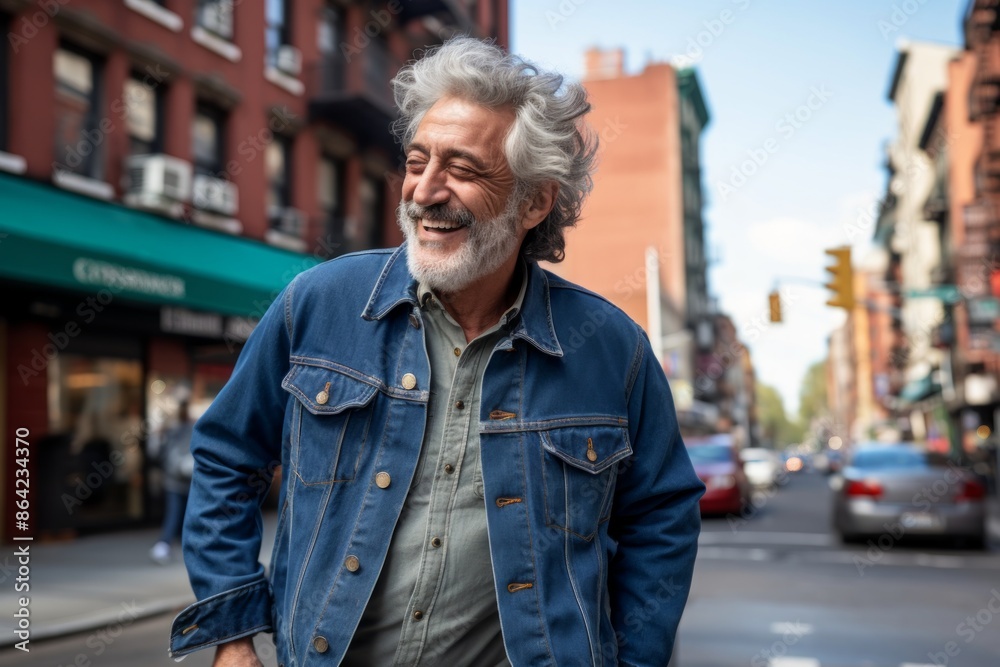 Portrait of a joyful man in his 70s sporting a rugged denim jacket isolated on busy urban street Portrait of a joyful man in his 70s sporting a rugged denim jacket isolated on busy urban street