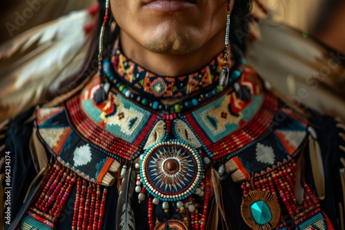 Captured in a studio photograph, a Native American man wears ornate cultural jewelry, symbolizing the strength and resilience of his heritage. © Piyaphorn