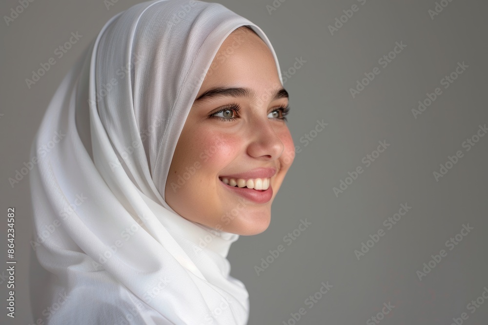 Captured in a studio setting, a young woman with a charming smile dons a white hijab, symbolizing grace and beauty. Experience her captivating presence. Captured in a studio setting, a young woman with a charming smile dons a white hijab, symbolizing grace and beauty. Experience her captivating presence.