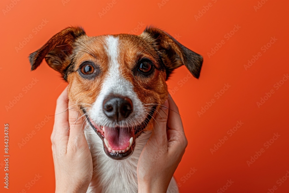 A dog whose head is rubbed smiles happily A dog whose head is rubbed smiles happily