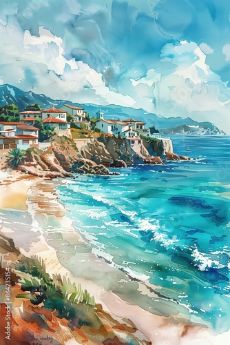 Seaside beach landscape watercolor detailed illustration