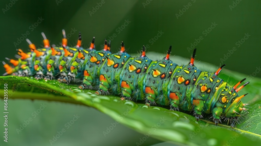 cater caterpy insect on a leaf with bright orange and green markings cater caterpy insect on a leaf with bright orange and green markings