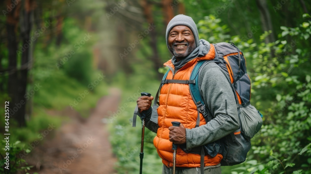 The hiker on forest trail