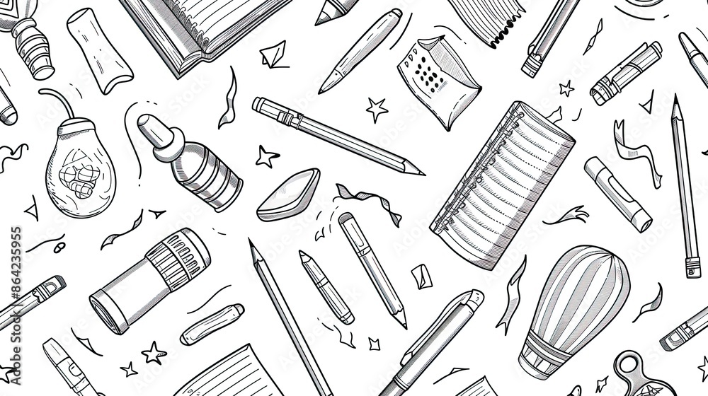 School supplies pattern background. Education accessories pencil and notebook black line doodle cartoon on white background. Back to school banner School supplies pattern background. Education accessories pencil and notebook black line doodle cartoon on white background. Back to school banner
