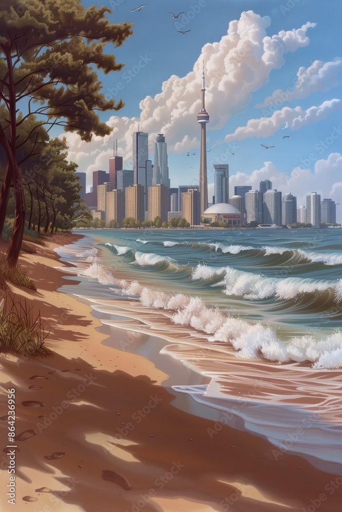 Naklejka premium Digital Painting of a Coastal Cityscape