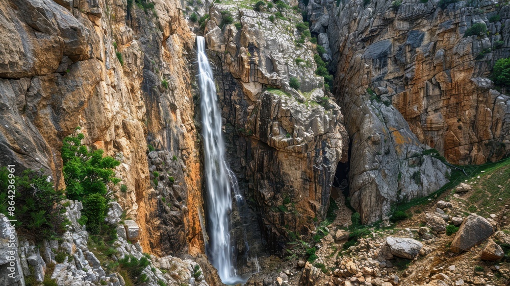 Waterfall Plunging Through a Rocky Canyon Waterfall Plunging Through a Rocky Canyon