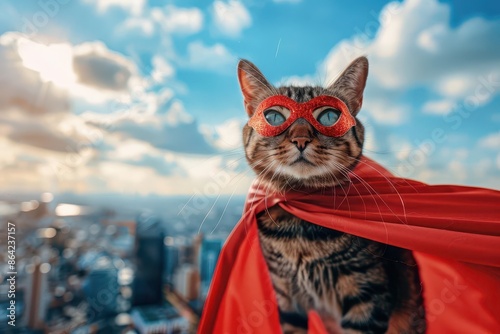 mischievous tabby cat in superhero costume striking a dramatic pose against a vibrant cityscape backdrop cape billowing mask glinting exuding playful bravado photo