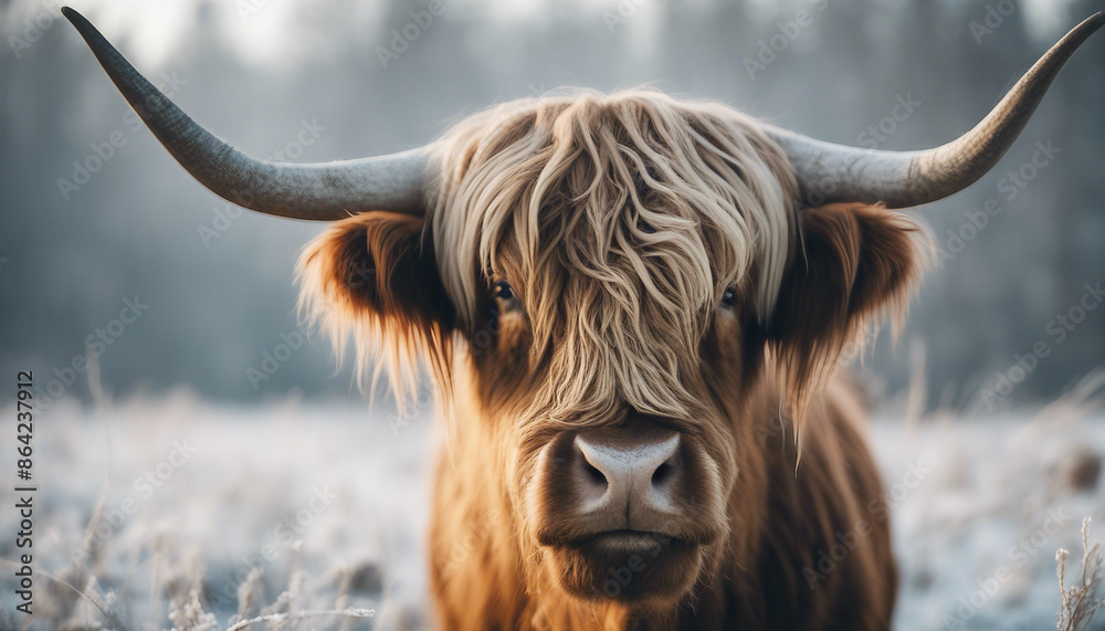 Portrait of a highland cattle in the frost of a winter morning. smoke coming out of its nose, copy space for text.