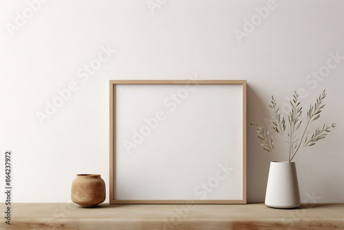 a picture frame and vase on a shelf