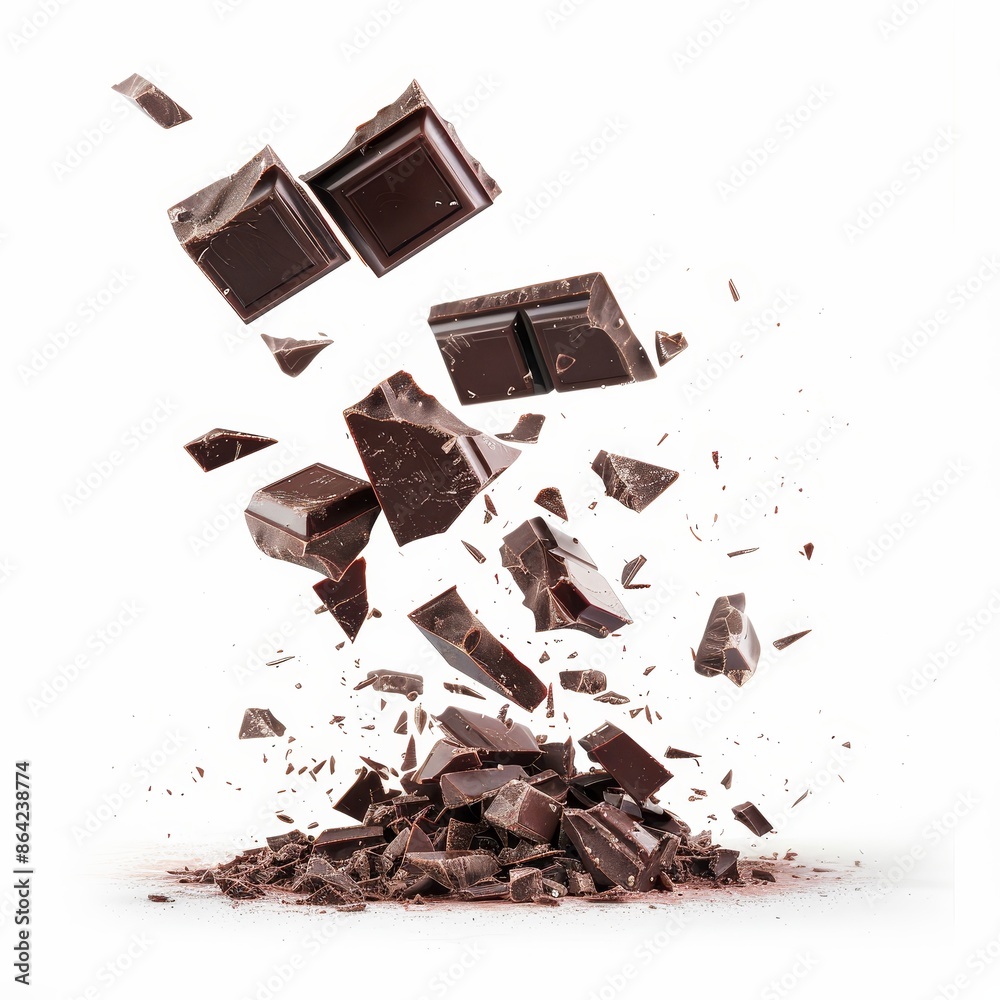 Fototapeta premium Chocolate Piece Falling in Mid-Air, Decadent Dessert Ingredient