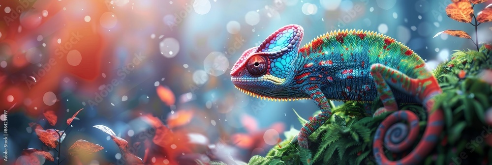 AI-generated illustration of chameleon perched on moss against a misty forest backdrop AI-generated illustration of chameleon perched on moss against a misty forest backdrop