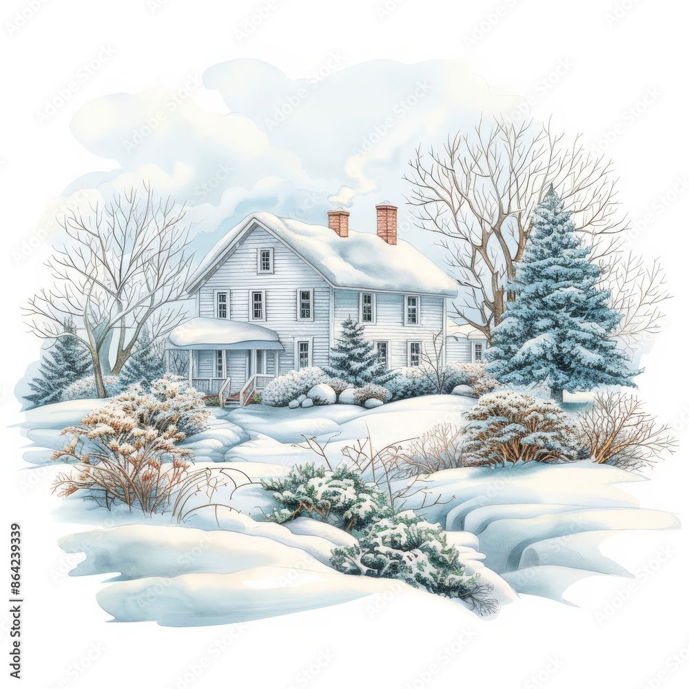 A charming white farmhouse sits nestled amidst snow-covered trees and rolling hills. The peaceful winter scene evokes a sense of tranquility and warmth. A charming white farmhouse sits nestled amidst snow-covered trees and rolling hills. The peaceful winter scene evokes a sense of tranquility and warmth.