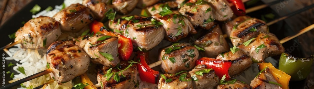 Delicious grilled chicken skewers with vegetables and herbs, served on a bed of rice. Perfect for a summer barbecue or meal. Delicious grilled chicken skewers with vegetables and herbs, served on a bed of rice. Perfect for a summer barbecue or meal.