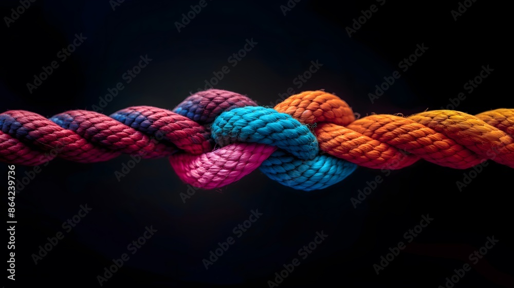 Colorful Rope with Two Knots, representing the complex yet strong connections in human life, and unity, teamwork, and support Colorful Rope with Two Knots, representing the complex yet strong connections in human life, and unity, teamwork, and support