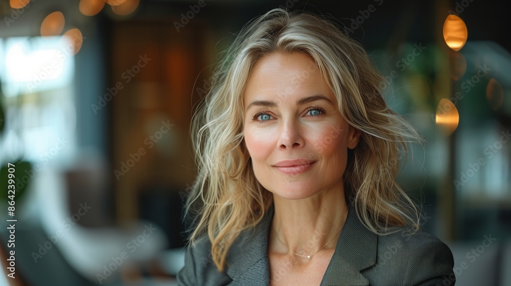 Obraz premium A businesswoman is depicted from the chest up, wearing a dark suit with her blonde hair styled loosely
