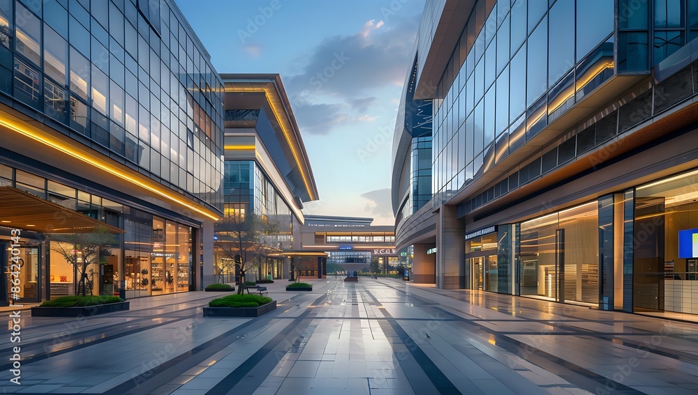 Modern empty city street with glass and steel office buildings at sunset. Urban architecture, commercial real estate, and business district concept.